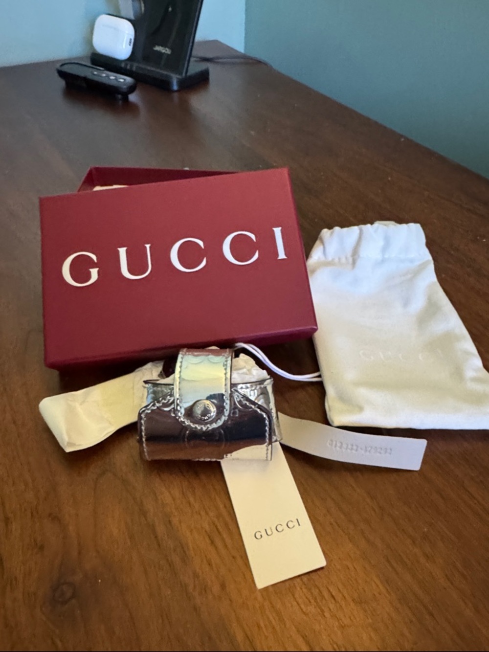 Gucci Iridescent Silver AirPod Pro Holder with Dust Bag